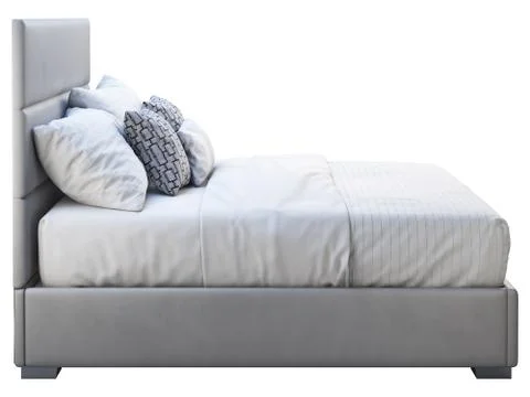 Modern gray leather frame double bed with bed linen. 3d render Stock Illustration