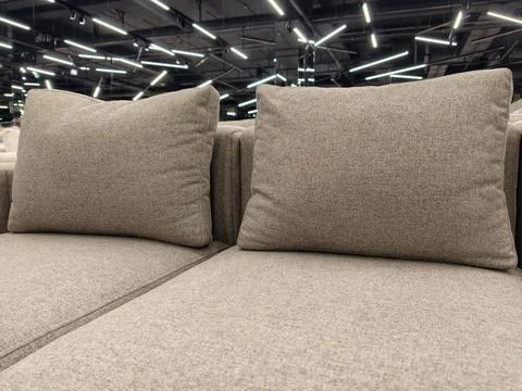 Modern gray sofa with oversized cushions, for sale in a furniture store 库存照片