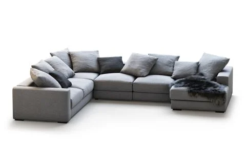 Modern gray textile sofa with pillows and plaid. 3d render Stock Illustration