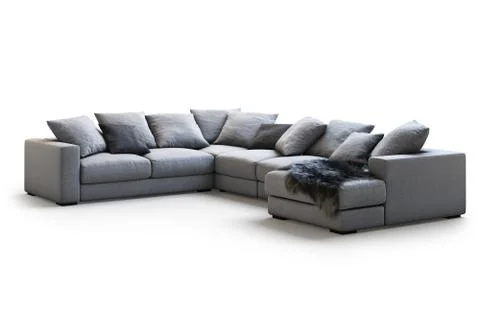 Modern gray textile sofa with pillows and plaid. 3d render Stock Illustration