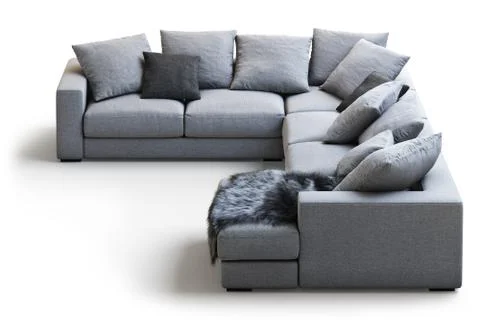 Modern gray textile sofa with pillows and plaid. 3d render Stock Illustration