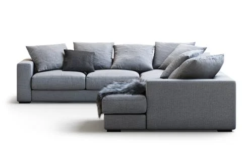 Modern gray textile sofa with pillows and plaid. 3d render Stock Illustration
