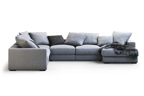 Modern gray textile sofa with pillows and plaid. 3d render Stock Illustration