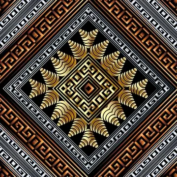 Modern greek rhombus frames 3d seamless pattern. Vector gold silver waffle ba イラスト素材