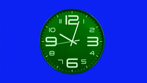 Modern green clock face moving fast forward timelapse blue screen chroma key Stock Footage 127372632
