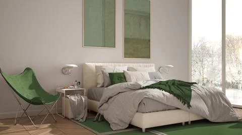 Modern green colored minimalist bedroom, bed with pillows and blankets, parqu Stock Illustration