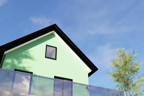 Modern Green House Architectural Rendering with Glass Balcony Stock Illustration