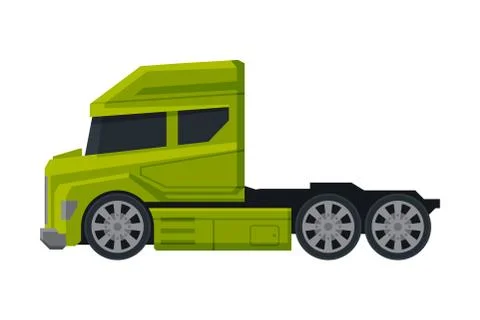 Modern Green Semi Truck, Cargo Delivery Vehicle, Side View Flat Vector Stock Illustration