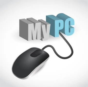 Modern grey computer mouse connected to the blue words my pc 스톡 일러스트