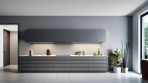 Modern grey kitcher interior. Simple design. Wall with countertop, plant, a.. Stock Illustration