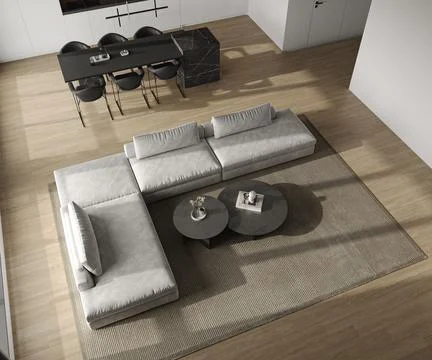 Modern grey minimalist interior livingroom with large modular sofa, panoramic Ilustração Stock