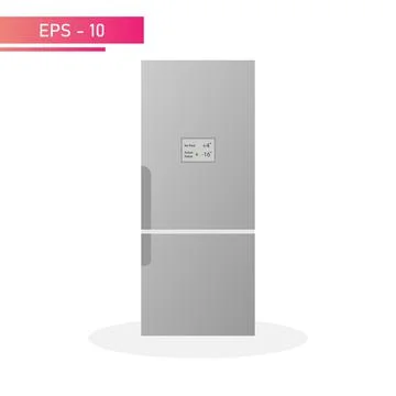 A modern grey refrigerator with a display, vertical side handle and two cameras Illustration