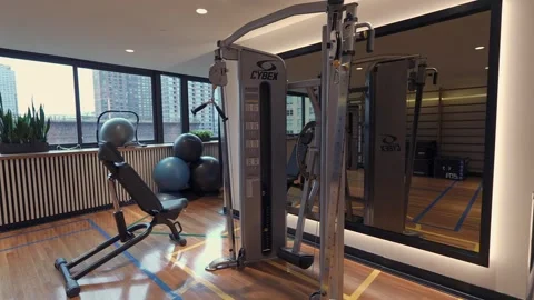 The modern gym interior features advanced workout equipment along with a large 스톡 동영상 295076544