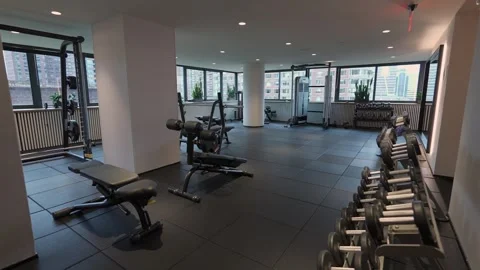 A modern gym interior featuring weight equipment combined with ample natural Vidéo 295076847
