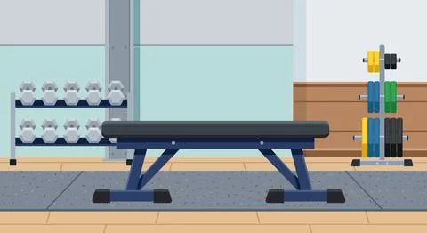 Modern gym interior workout bench on a mat, a rack of hex dumbbells and a c.. 스톡 일러스트