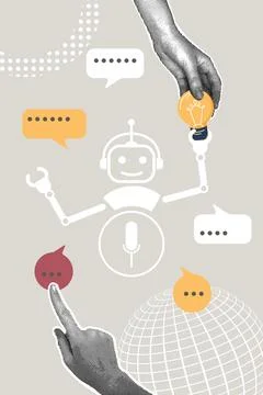 Modern halftone collage. AI artificial intelligence concept, online service to Stock Illustration