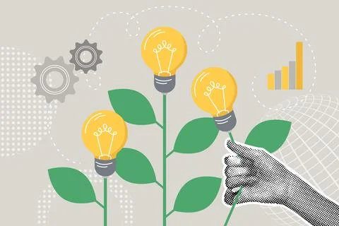 Modern halftone collage. Concept of idea, grow ideas, collect, business plan Stock Illustration