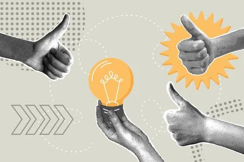Modern halftone collage. Concept of idea, success, endorsement, banner with yes Stock Illustration