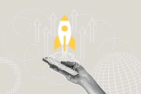 Modern halftone collage. Concept of quick business startup, business success Stock Illustration