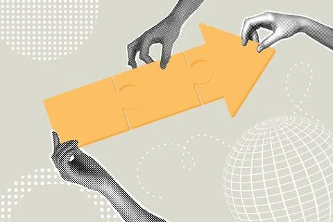Modern halftone collage. Concept of teamwork, problem solving together, business Illustrazione stock