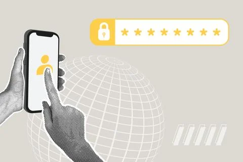 Modern halftone collage. Cybersecurity Concept. Person uses smartphone, laptop Stock Illustration