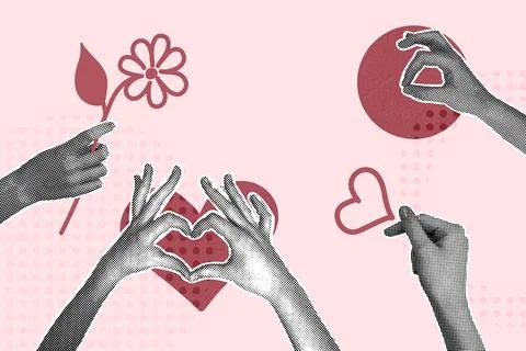 Modern halftone collage. Human hand and red heart. Concept of love, support Stock Illustration