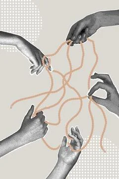 Modern halftone collage. Human hands connected by rope, retro collage from the Illustrazione stock