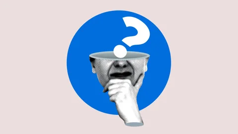 Modern halftone collage with human head and question mark. Puzzled woman. FAQ Stock Footage 329559308