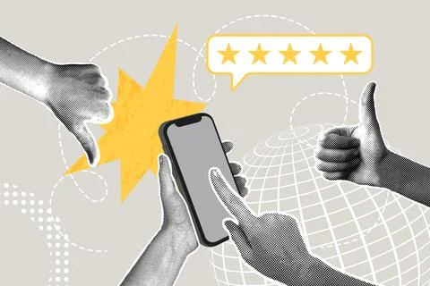 Modern halftone collage. Quality concept, reviews, rating, discussion. Phone Stock Illustration