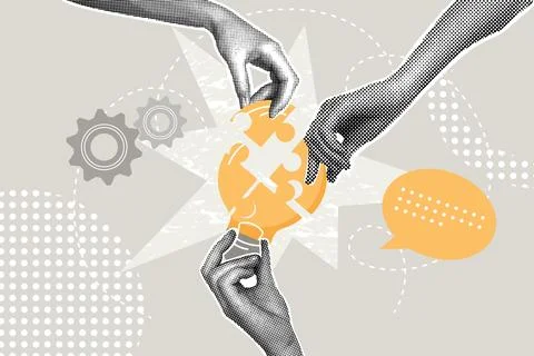 Modern halftone collage. Teamwork concept,collaborative idea development Ilustración de archivo