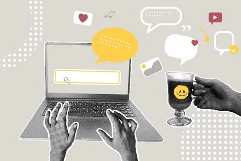 Modern halftone collage. Workspace concept with coffee and laptop, speech Illustrazione stock