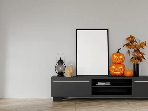 Modern Halloween Decor with Jack-O-Lanterns and Lantern 3D Render Stock Illustration