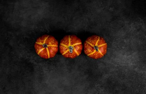 Modern Halloween flat lay with pumpkins against black concrete background.Aut Stock Photos