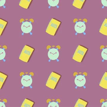Modern hand drawn seamless pattern with alarm and yellow notebook. Stock Illustration