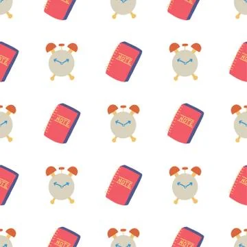 Modern hand drawn seamless pattern with alarm and notebook. Illustrazione stock