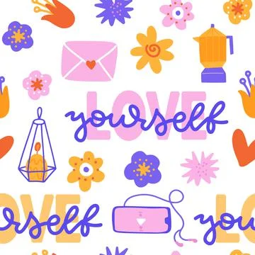 Modern hand lettering seamless pattern with motivational phrase - love yourself Stock Illustration