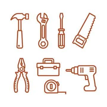 Modern Hand Tools Icon Set with Hammer Wrench Drill and Toolbox Essentials Stock Illustration