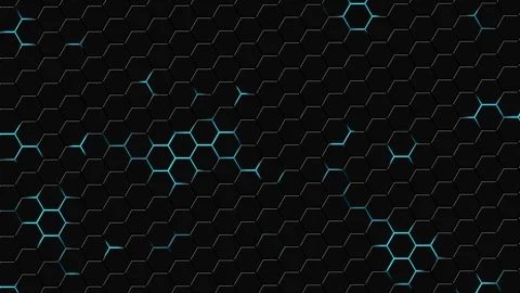 Modern hexagonal pattern with blue highlights on a black background Stock Footage 300104602