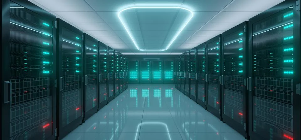 Modern Hi-Tech IT Server Rack Room With A lot Servers With Glowing Lights On  Stock Illustration