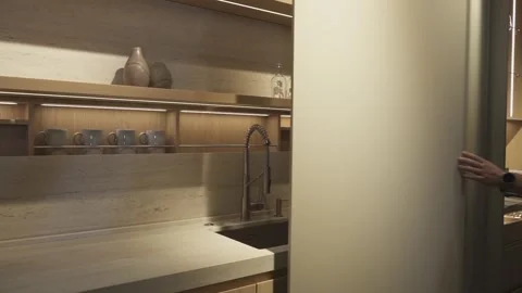 Modern hidden kitchen with open shelves Stock Footage 273058735