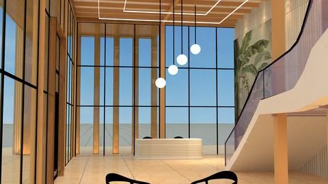 Modern High-Ceiling Lobby Interior with Reception Desk and Grand Staircase Stock Illustration