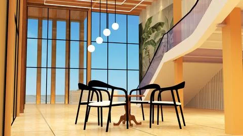 Modern High-Ceiling Lobby Interior with Reception Desk and Grand Staircase Stock Illustration