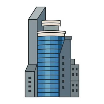 Modern high rise office tower with glass facade in flat outline style. Illu.. Ilustração Stock