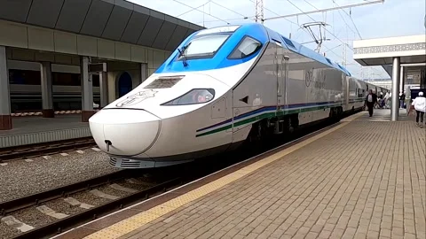 Modern high speed train Afrosiyob at Tashkent railway station Stock Footage 335530007