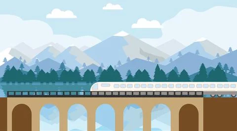 A modern high-speed train crosses an old bridge. A modern train travels Stock Illustration