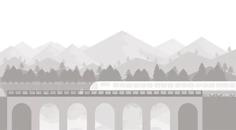 A modern high-speed train crosses an old bridge. A modern train travels Stock Illustration
