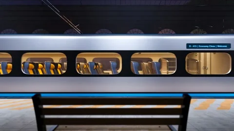 Modern high-speed train departing from an empty transfer station at night. 4kHD Stock Footage 234314266
