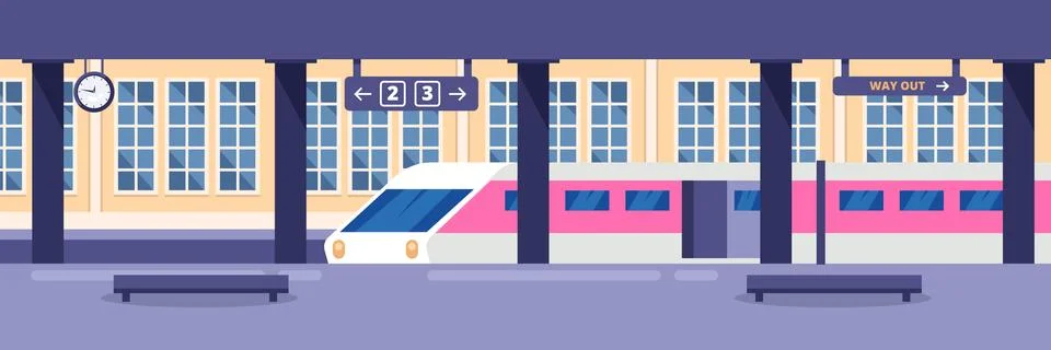 Modern high speed train on empty railway station. Railway passenger public tr Stock Illustration