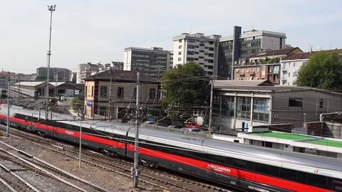 The modern high-speed train FrecciaRossa arrives at Porta Nuova, Turin, Italy. Stock-Footage 80532916