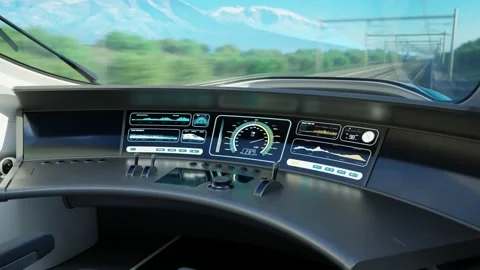 Modern High speed Train Operator's Cabin with big Window. High-tech display Stock-Footage 234319227